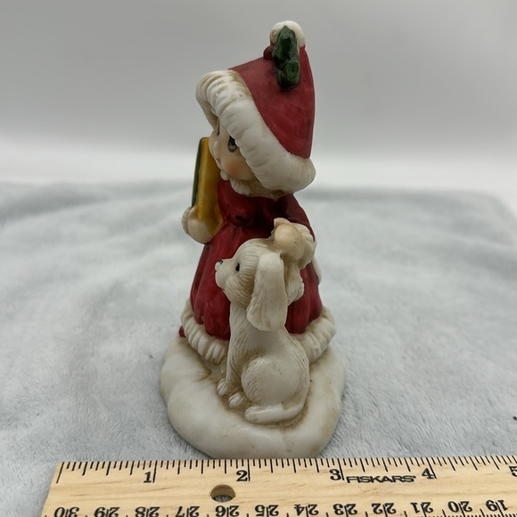 Porcelain Little Girl Dressed For Christmas with Present & White Puppy - Picture 4 of 6